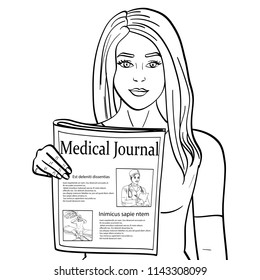 isolated object coloring, black lines, white background. . Young girl shows stretching newspaper with news. Journalism, medical journal. Vector illustration with text.