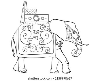 isolated object coloring, black lines, white background, Elephant in India, a sacred animal, decorations for a holiday. Vector illustration