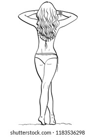 isolated object coloring, black lines, white background. Beach and sand. The girl back, in a swimsuit on vacation. Vector illustration.