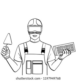 isolated object coloring, black lines, white background. A man is a builder to learn in the glasses. Training on the Internet. Slow work, freelancing. Vector illustration