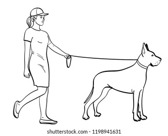 isolated object coloring, black lines, white background. A woman with a sports dress, walks a pet on a leash. Great Dane breed of domestic dog. Vector illustration.