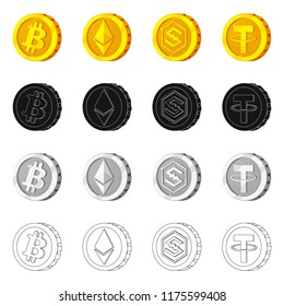 Isolated object of cryptocurrency and coin symbol. Collection of cryptocurrency and crypto stock symbol for web.