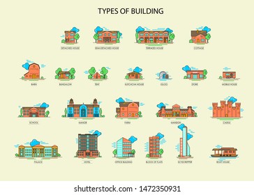 Isolated object of facade and building logo. Collection types of building. Architecture buildings icons. Various buildings.