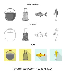 Isolated object of fish and fishing sign. Collection of fish and equipment vector icon for stock.