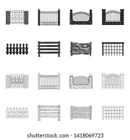 Isolated object of gate and fence sign. Collection of gate and wall stock vector illustration.