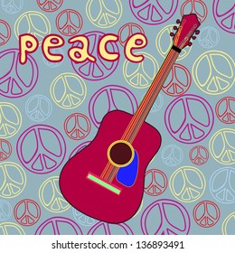 Isolated object guitar on peace background. Easy edited. Peace background. Music instrument. Hippie style.