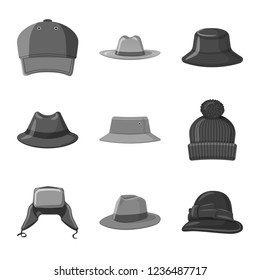 Isolated object of headgear and cap icon. Collection of headgear and accessory stock vector illustration.