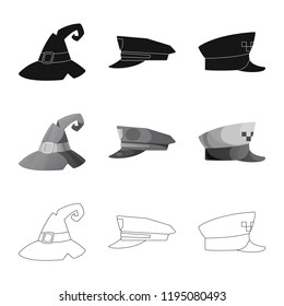 Isolated object of headgear and cap logo. Set of headgear and accessory stock vector illustration.