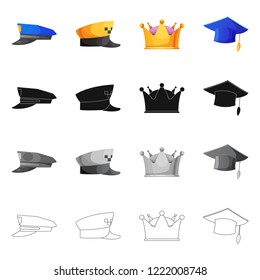 Isolated object of headgear and cap logo. Set of headgear and accessory stock vector illustration.