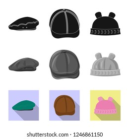 Isolated object of headgear and cap sign. Set of headgear and accessory stock vector illustration.