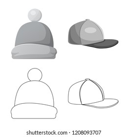 Isolated object of headgear and cap symbol. Set of headgear and headwear stock symbol for web.