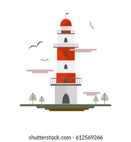 Isolated object of lighthouse in flat design, with seagulls. Vector illustration. 