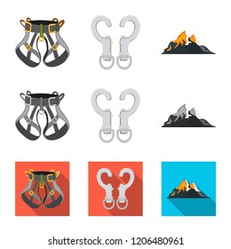 Isolated object of mountaineering and peak sign. Set of mountaineering and camp stock vector illustration.