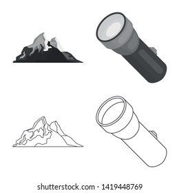 Isolated object of mountaineering and peak sign. Set of mountaineering and camp stock symbol for web.