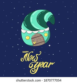 The isolated object on a dark blue background. Fairy house of a magical creature. Vector. Hand lettering "Happy New Year". Elf's house. Suitable for children's illustrations, postcards or poster.