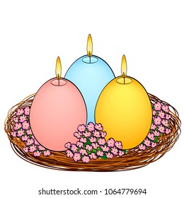 Isolated object on white background Easter candles in the shape of an egg. Three pieces of different colors with fire, in a basket nest and flowers. Color background.