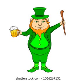 Isolated object on white background Funny leprechaun with a stick and a mug of beer in his hands. St. Patricks Day. Vector