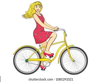 Isolated object on white background point. sun rays. Young beauty woman ride bicycle retro vector illustration. Color background. Comic book style imitation.