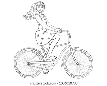 Isolated object on white background point. sun rays. Young beauty woman ride bicycle retro vector illustration. Children coloring book