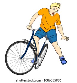 Isolated object on white background. The man is falling off the bicycle. Emotion funk, pain, vector illustration