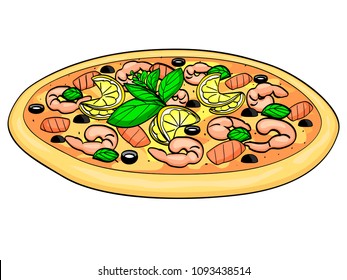 isolated object on white background Italian food, pizza with seafood and lemon. Vector illustration