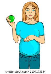 isolated object on white background. Pregnant woman on the ninth month. Holds an apple in his hand, calls for proper nutrition. Vector illustration, retro style