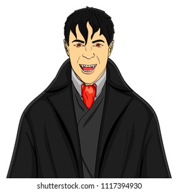 Isolated object on white background man vampire in a suit on a red background. imitation comic style, vector illustration