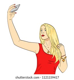 Isolated object on white background. Young girl model doing selfie. Fashion vector illustration
