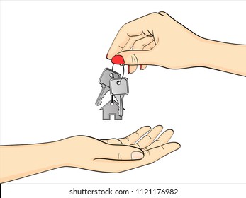 Isolated object on white background. The woman hand of the realtor passes the keys to the new homeowner. Vector illustration
