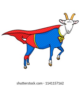 Isolated object on white background. Flies Goat Animal Dressed As Superhero With clothes Vigilante Character. Comic style, vector illustration