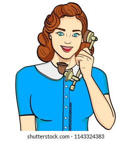 Isolated object on white background. Retro girl, brunette talking on old phone. Comic style, vector illustration