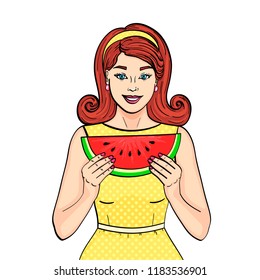 isolated object on white background. Retro young girl eating watermelon. Proper nutrition. imitation comics style. Vector illustration