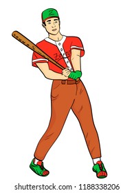 isolated object on white background, summer color. A man, a professional baseball player, an athlete. He hits the ball with a bat. Vector illustration.