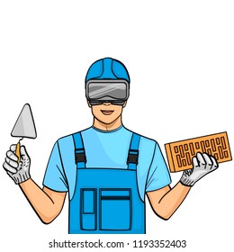 isolated object on white background, summer color. A man is a builder to learn in the headset glasses. Training on the Internet. Slow work, freelancing. Retro style, imitation comics. Vector illustration