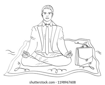 isolated object on white background, summer color. Businessman on the carpet, meditation. man flies to work. Imitation of comics style. Vector illustration.