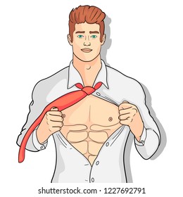 isolated object on white background. Muscular model sexy naked man dancing in the studio in shirt. vector illustration. imitation of comics style