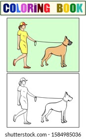 isolated object on white background, summer color and coloring. A woman with a sports dress, walks a pet on a leash. Great Dane breed of domestic dog. Vector illustration.