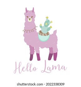 The isolated object on a white background. Postcard cute purple llama with cactus. Hello Vector in flat style. Children's illustration on a footwear, poster.