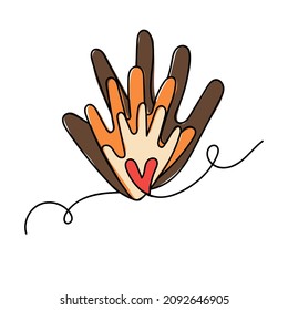 Isolated object on a white background. Hand-drawn three palms of different people in one line. Freedom. Hands of different sizes with a red heart. Suitable for posters and specialized literature.