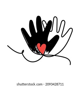 Isolated object on a white background. Hand-drawn two palms of different people in one line. Equality. Freedom. Hands of different sizes with a red heart. Suitable for posters.