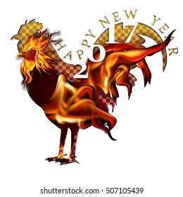 Isolated object on a white background with a stencil fire a rooster and the words Happy New Year.