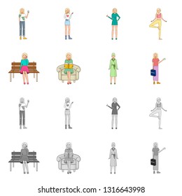 Isolated object of posture and mood icon. Collection of posture and female vector icon for stock.