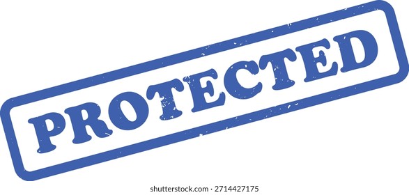 El objeto aislado presenta un sello PROTECTED azul y sucio con un borde rectangular que ofrece una impresión auténtica y segura con textura afligida.