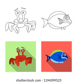 Isolated object of sea and animal logo. Collection of sea and marine stock vector illustration.