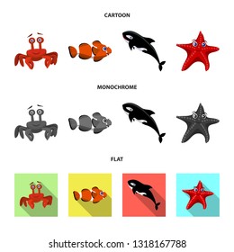 Isolated object of sea and animal logo. Collection of sea and marine stock vector illustration.
