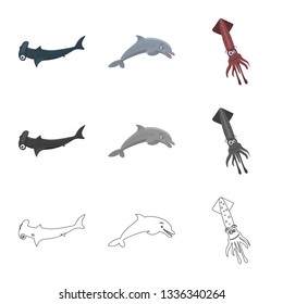 Isolated object of sea and animal logo. Collection of sea and marine vector icon for stock.