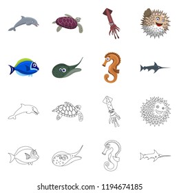 Isolated object of sea and animal sign. Set of sea and marine stock symbol for web.