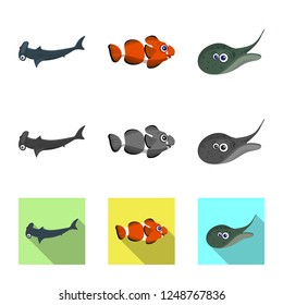 Isolated object of sea and animal sign. Collection of sea and marine stock vector illustration.