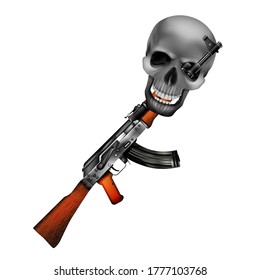 Isolated object. Skull on the barrel of an assault rifle.