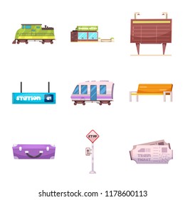 Isolated object of train and station sign. Collection of train and ticket stock vector illustration.